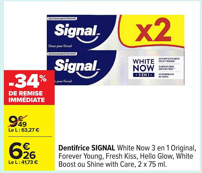 Dentifrice SIGNAL White Now 3 en 1 Original, Forever Young, Fresh Kiss, Hello Glow, White Boost ou Shine with Care, 2 x 75 ml.