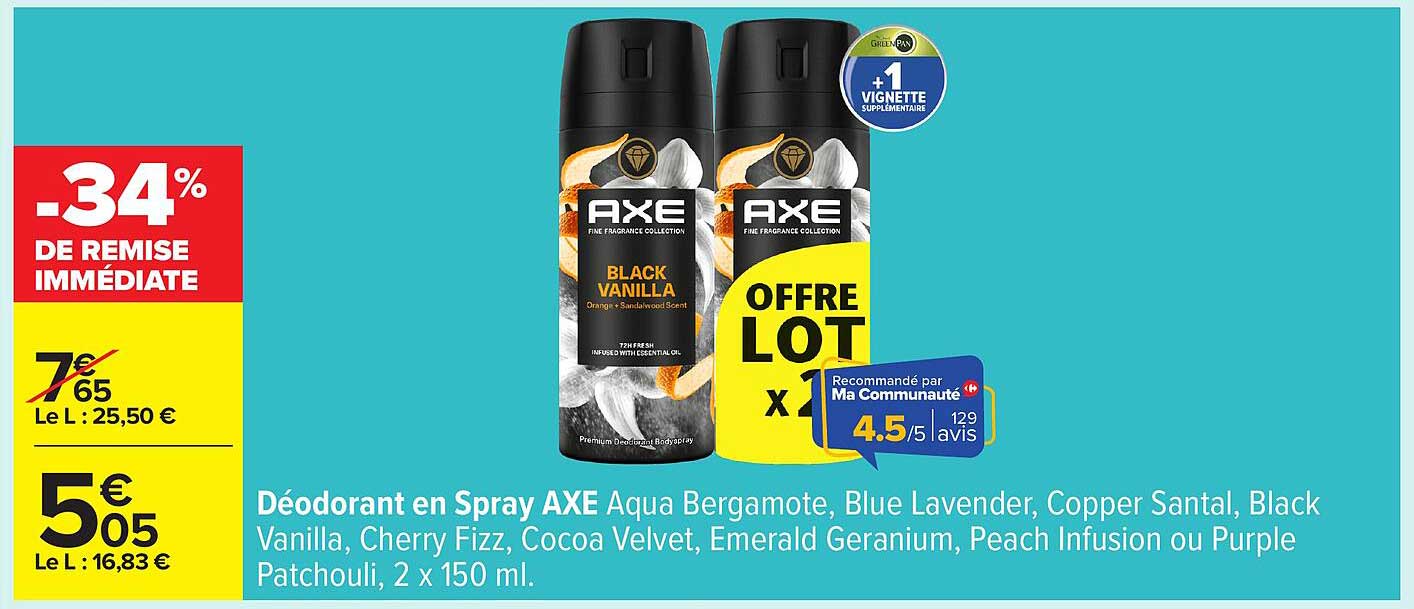 Déodorant en Spray AXE Aqua Bergamote, Blue Lavender, Copper Santal, Black Vanilla, Cherry Fizz, Cocoa Velvet, Emerald Geranium, Peach Infusion ou Purple Patchouli, 2 x 150 ml.