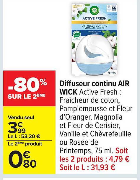 Diffiseur continu AIR WICK Active Fresh : Fraîcheur de coton, Pamplemousse et Fleur d'Oranger, Magnolia et Fleur de Cerisier, Vanille et Chèvrefeuille ou Rosée de Printemps, 75 ml