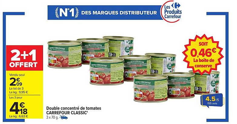 Double concentré de tomates CARREFOUR CLASSIC