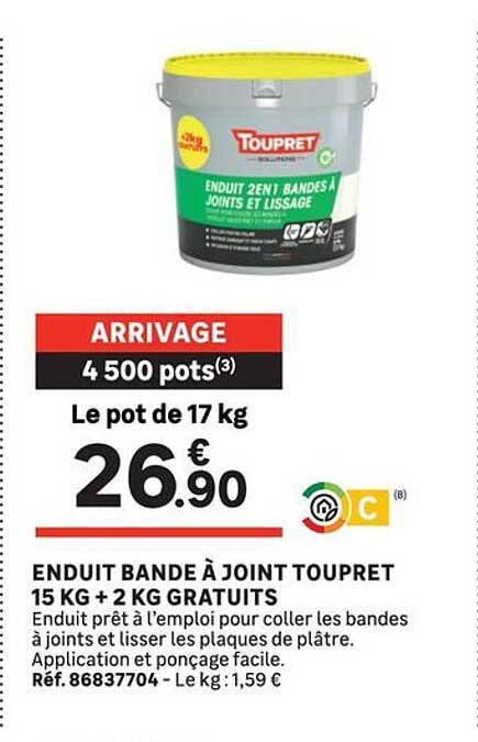 ENDUIT BANDE À JOINT TOUPRET 15 KG + 2 KG GRATUITS