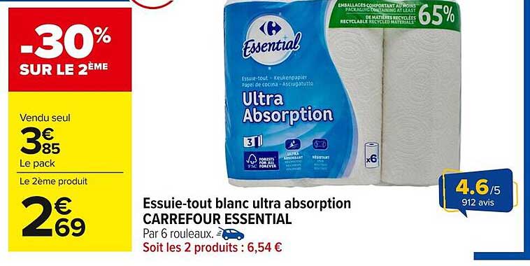Essuie-tout blanc ultra absorption CARREFOUR ESSENTIAL