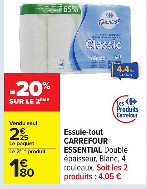 Essuie-tout CARREFOUR ESSENTIAL Double épaisseur, Blanc, 4 rouleaux