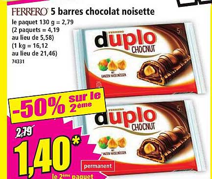 FERRERO 5 barres chocolat noisette