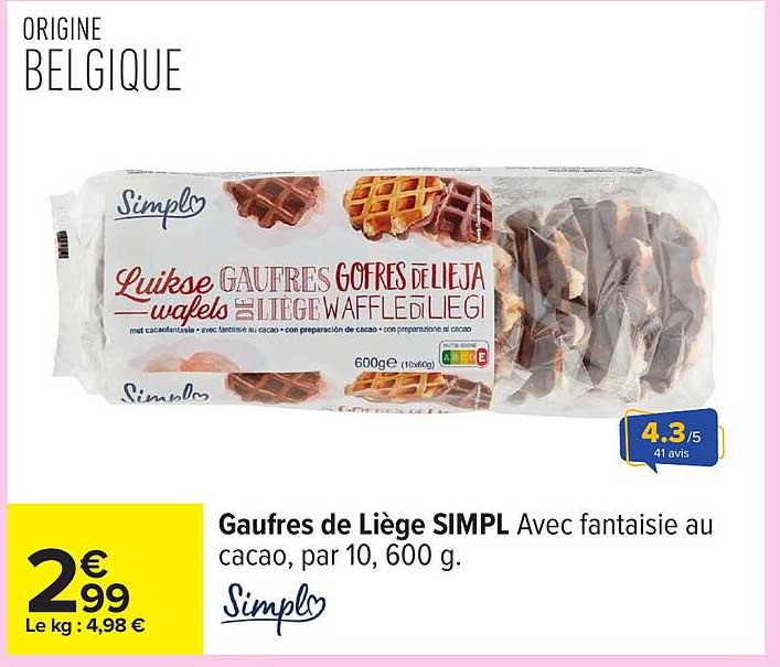 Gaufres de Liège SIMPL Avec fantaisie au cacao, par 10, 600 g.