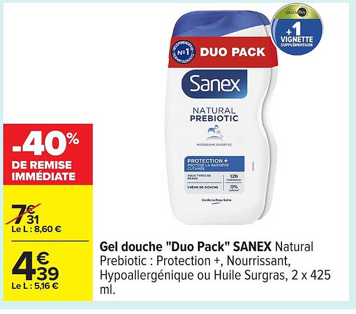 Gel douche "Duo Pack" SANEX Natural Prebiotic : Protection +, Nourrissant, Hypoallergénique ou Huile Surgras, 2 x 425 ml.