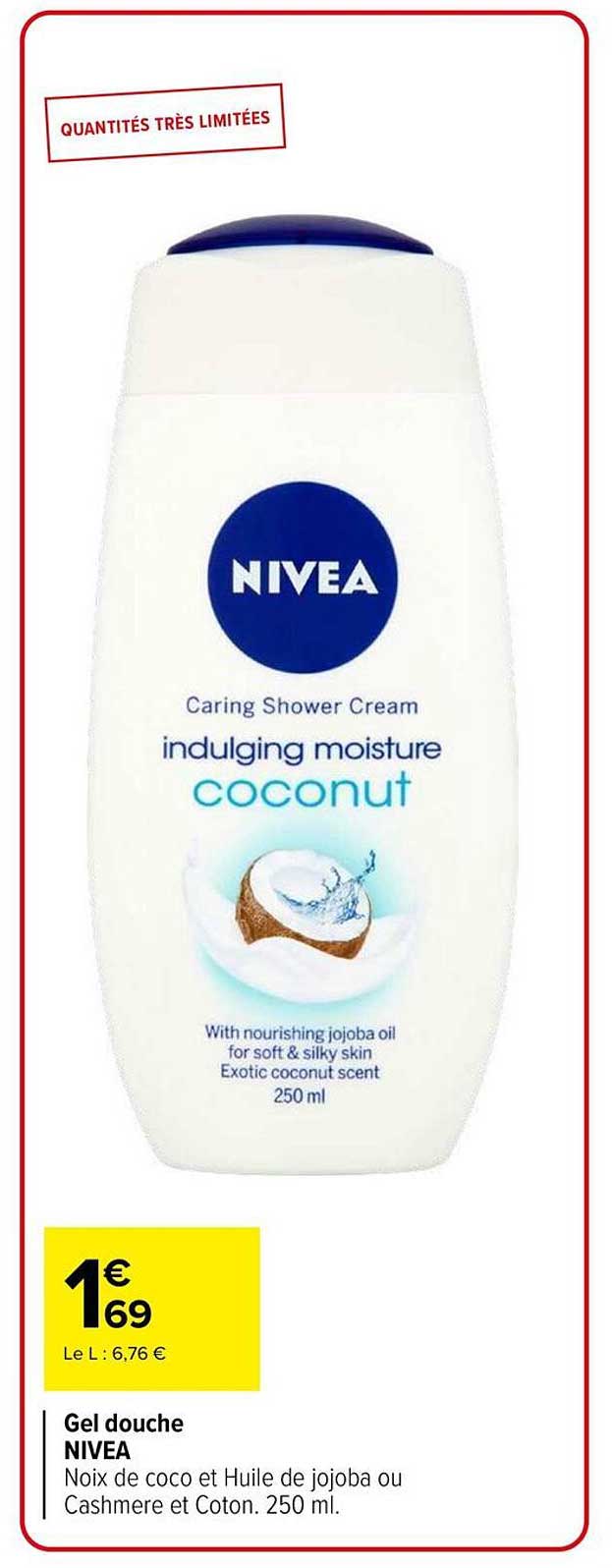Gel douche NIVEA Noix de coco et Huile de jojoba ou Cashmere et Coton. 250 ml.