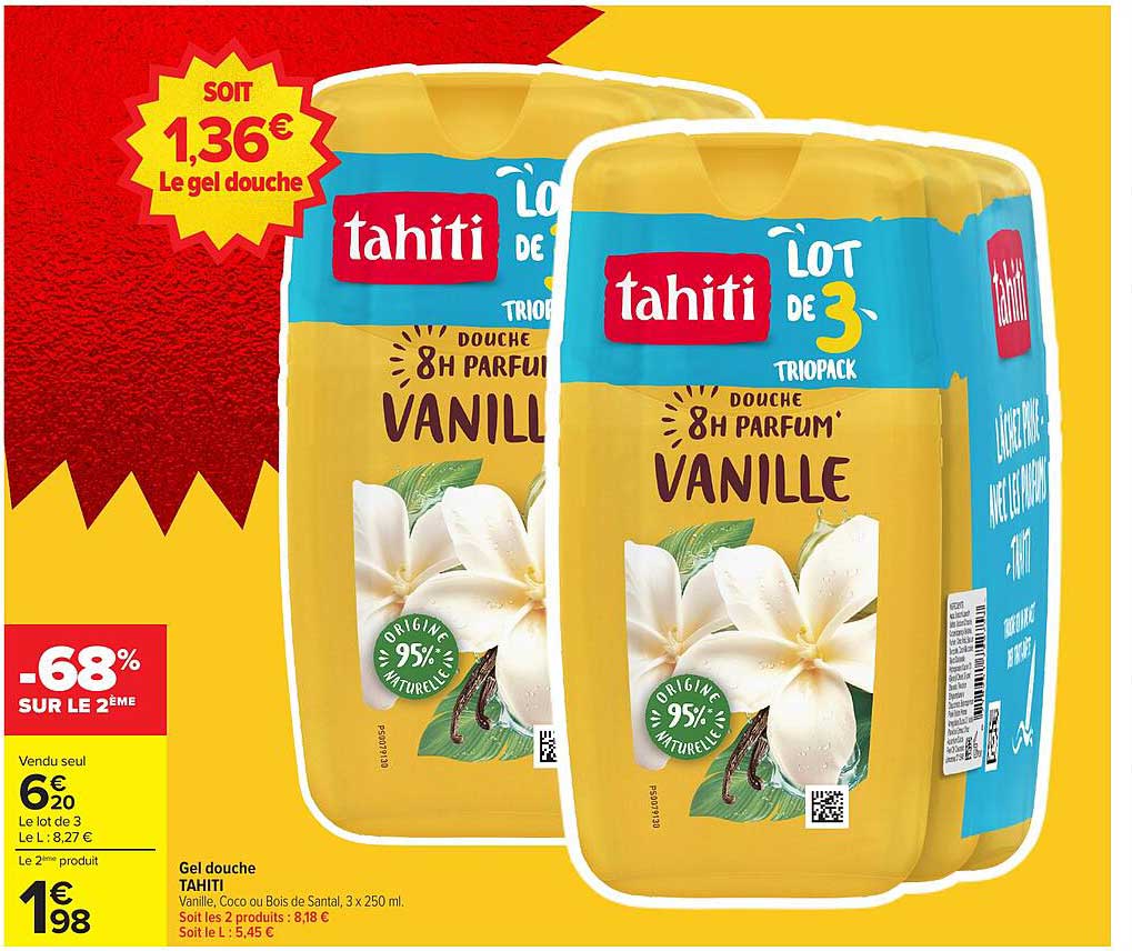 Gel douche Tahiti Lot de 3 8h parfum Vanille