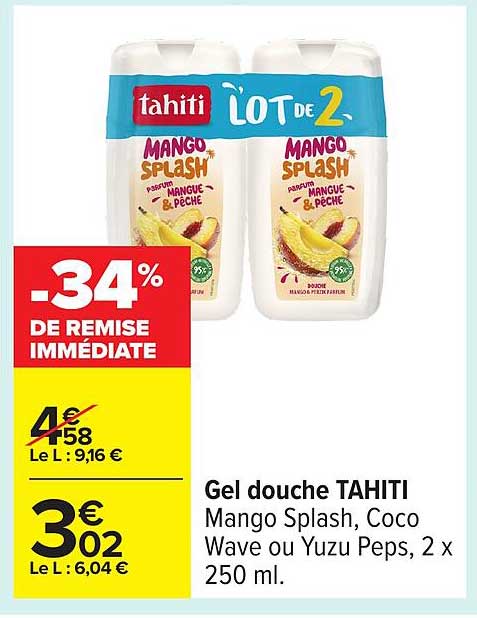 Gel douche TAHITI Mango Splash, Coco Wave ou Yuzu Peps, 2 x 250 ml