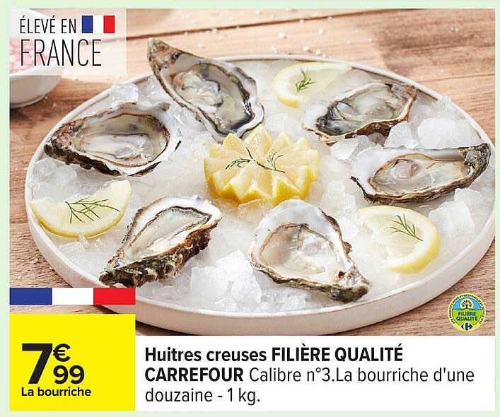 Huitres creuses FILIÈRE QUALITÉ CARREFOUR Calibre n°3. La bourriche d'une douzaine - 1 kg.