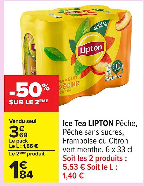 Ice Tea LIPTON Pêche, Pêche sans sucres, Framboise ou Citron vert menthe, 6 x 33 cl