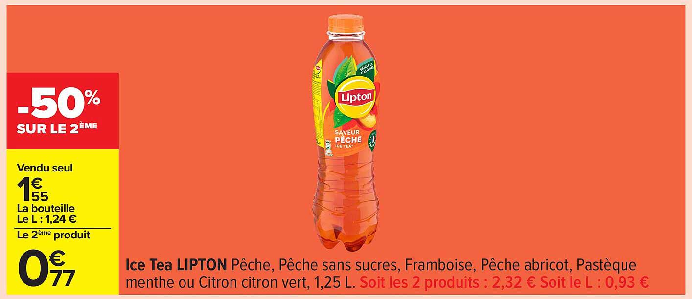 Ice Tea LIPTON Pêche, Pêche sans sucres, Framboise, Pêche abricot, Pastèque menthe ou Citron vert, 1,25 L