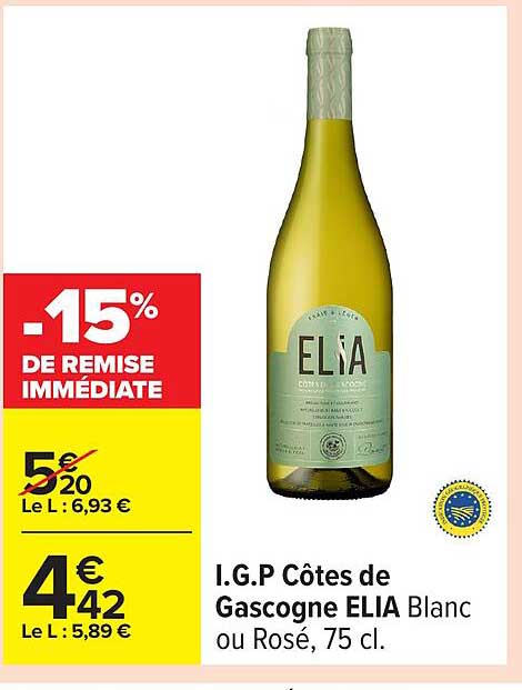 I.G.P Côtes de Gascogne ELIA Blanc ou Rosé, 75 cl