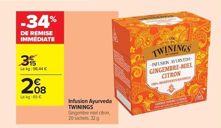 Infusion Ayurveda TWININGS Gingembre miel citron