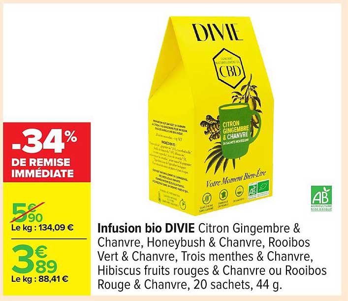 Infusion bio DIVIE Citron Gingembre & Chanvre