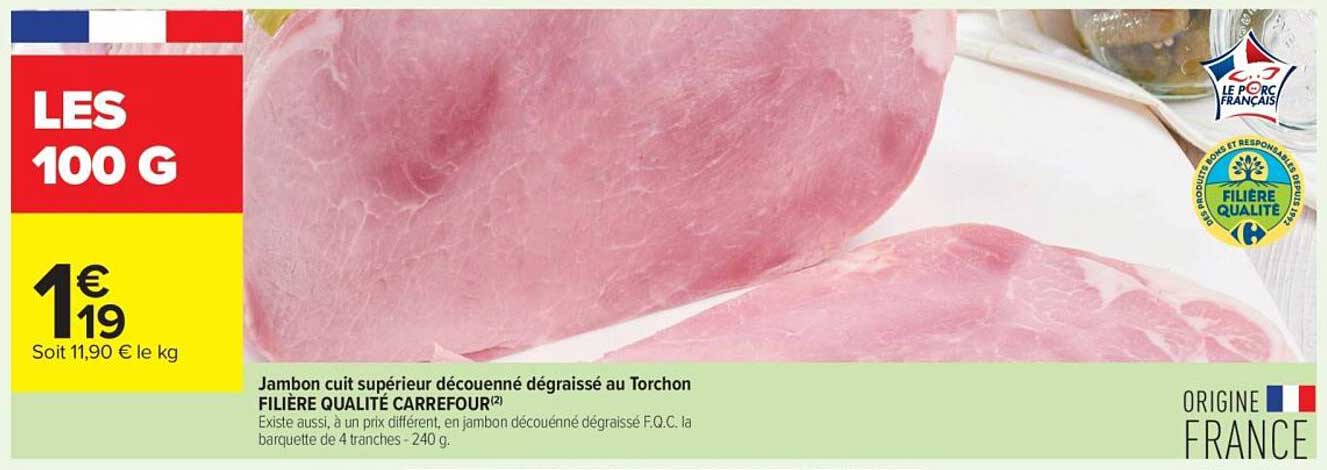 Jambon cuit supérieur découpé dégraissé au Torchon