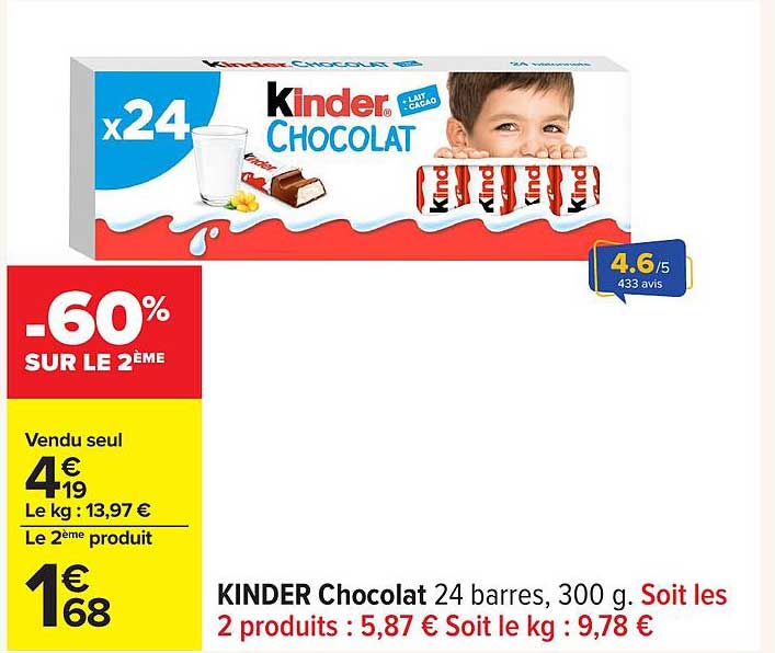 KINDER Chocolat 24 barres, 300 g