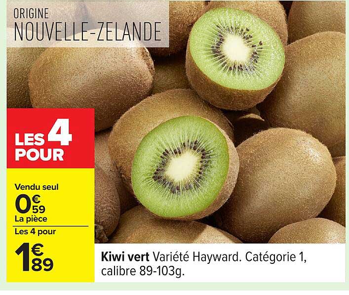 Kiwi vert Variété Hayward. Catégorie 1, calibre 89-103g.