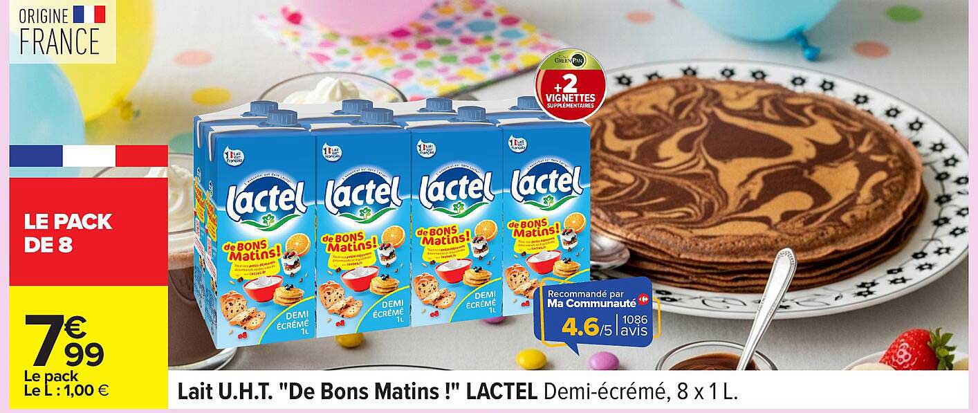Lait U.H.T. "De Bons Matins !" LACTEL Demi-écrémé, 8 x 1 L.