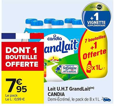 Lait U.H.T GrandLait Candia - Pack de 8 x 1L