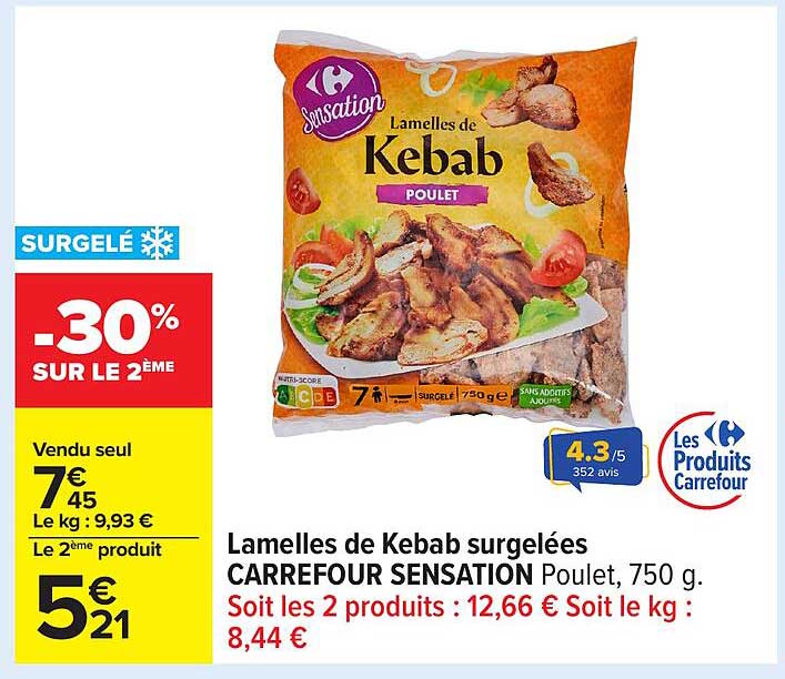 Lamelles de Kebab surgelées CARREFOUR SENSATION Poulet, 750 g