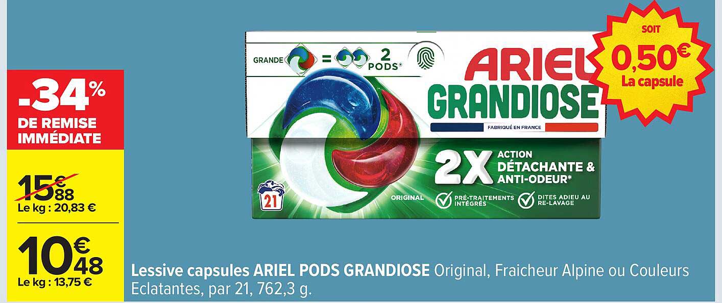 Lessive capsules ARIEL PODS GRANDIOSE Original, Fraîcheur Alpine ou Couleurs Éclatantes