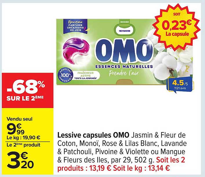 Lessive capsules OMO Jasmin & Fleur de Coton, Monoï, Rose & Lilas Blanc, Lavande & Patchouli, Pivoine & Violette ou Mangue & Fleurs des Iles