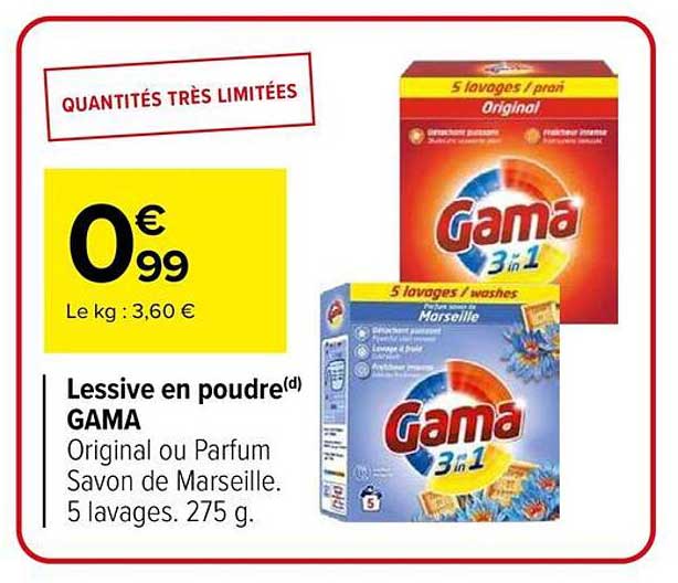 Lessive en poudre GAMA Original ou Parfum Savon de Marseille