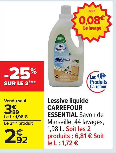 Lessive liquide CARREFOUR ESSENTIAL Savon de Marseille