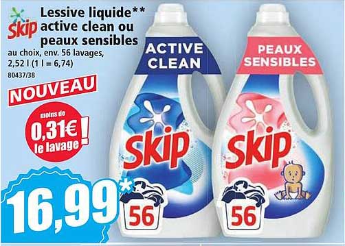 Lessive liquide Skip active clean ou peaux sensibles