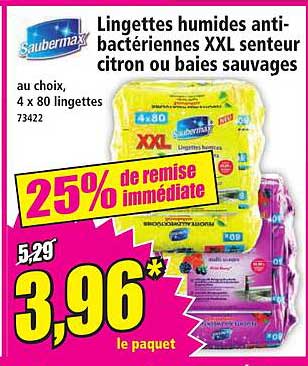 Lingettes humides anti-bactériennes XXL senteur citron ou baies sauvages