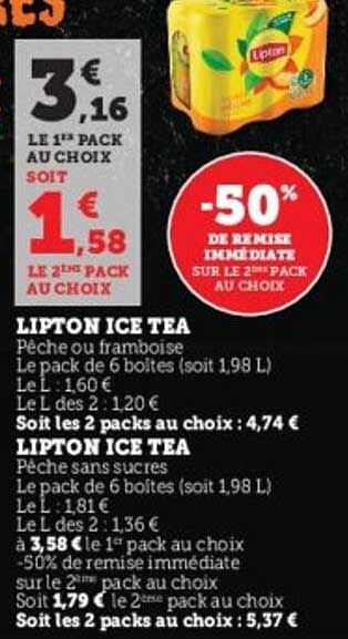 Lipton Ice Tea -50% de remise immédiate sur le 2ème pack au choix