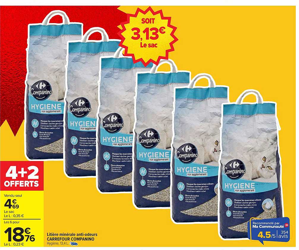 Litière minérale anti-odeurs CARREFOUR COMPANINO Hygiène, 13,4 L