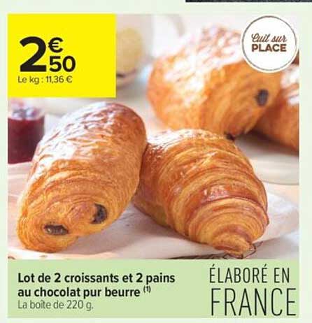 Lot de 2 croissants et 2 pains au chocolat pur beurre