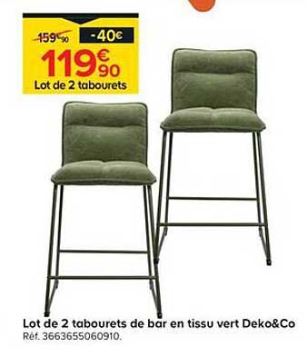 Lot de 2 tabourets de bar en tissu vert Deko&Co