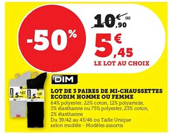 LOT DE 3 PAIRS DE MI-CHAUSSETTES ECODIM HOMME OU FEMME