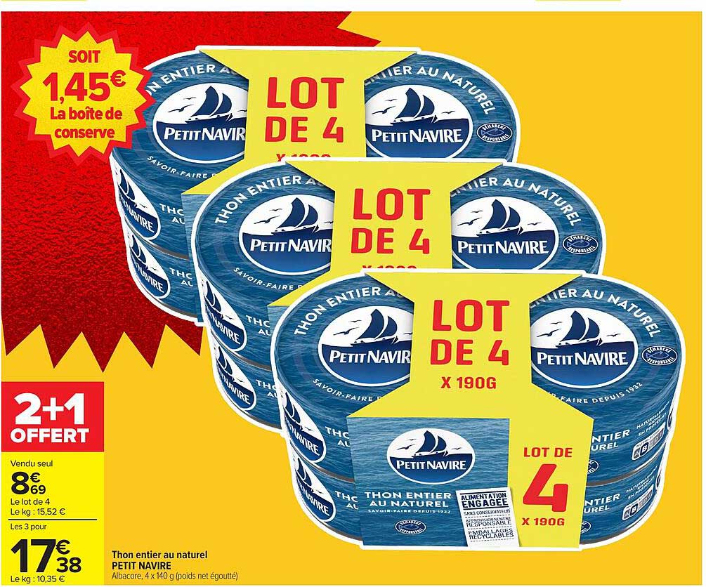 LOT DE 4 X 190G THON ENTIER AU NATUREL PETIT NAVIRE