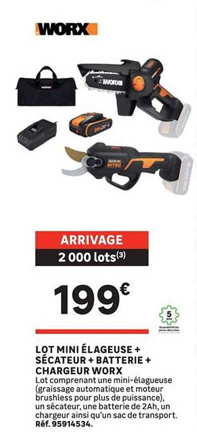 LOT MINI ÉLAGUEUSE + SÉCATEUR + BATTERIE + CHARGEUR WORX