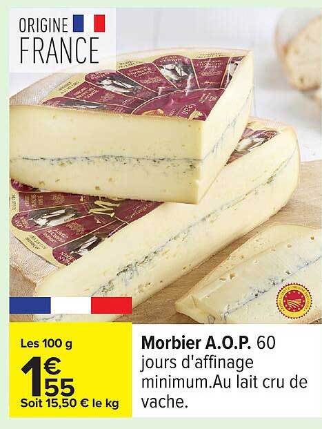 Morbier A.O.P. 60 jours d'affinage minimum. Au lait cru de vache.
