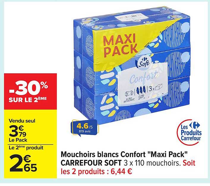 Mouchoirs blancs Confort "Maxi Pack" CARREFOUR SOFT 3 x 110 mouchoirs.