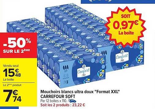 Mouchoirs blancs ultra doux "Format XXL" CARREFOUR SOFT