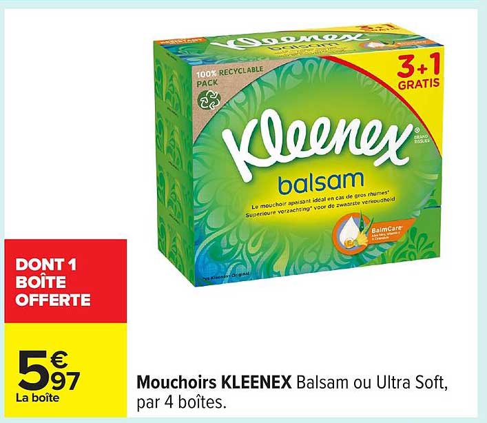 Mouchoirs KLEENEX Balsam ou Ultra Soft, par 4 boîtes
