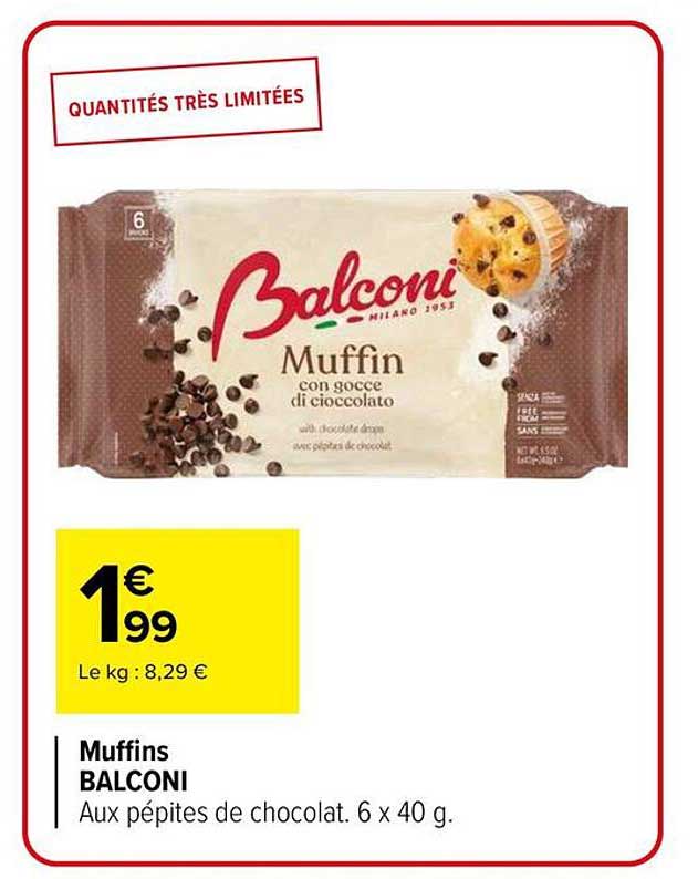 Muffins BALCONI Aux pépites de chocolat. 6 x 40 g.