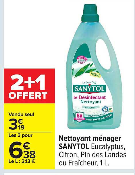 Nettoyant ménager SANYTOL Eucalyptus, Citron, Pin des Landes ou Fraîcheur, 1 L.