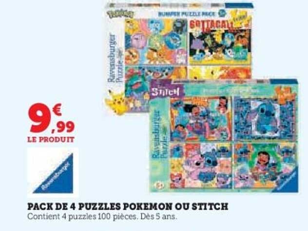 PACK DE 4 PUZZLES POKEMON OU STITCH