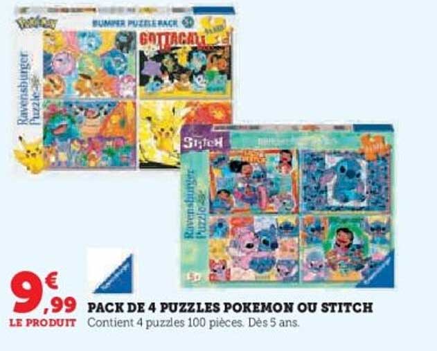 PACK DE 4 PUZZLES POKEMON OU STITCH