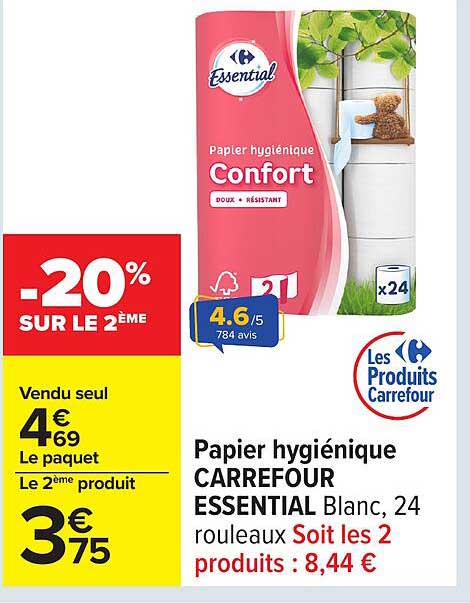 Papier hygiénique CARREFOUR ESSENTIAL Blanc, 24 rouleaux
