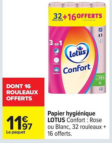 Papier hygiénique LOTUS Confort : Rose ou Blanc, 32 rouleaux + 16 offerts.
