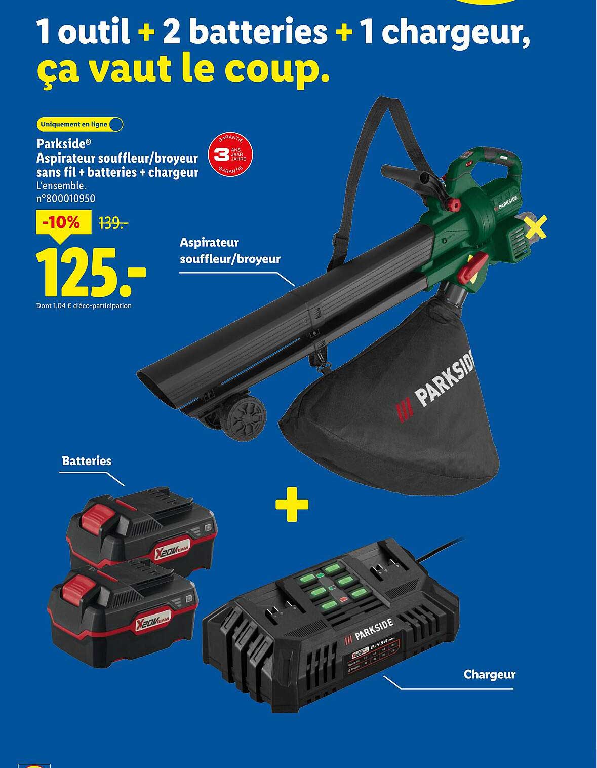 Parkside® Aspirateur souffleur/broyeur sans fil + batteries + chargeur