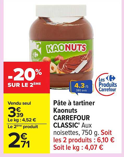 Pâte à tartiner Kaonuts CARREFOUR CLASSIC' Aux noisettes, 750 g